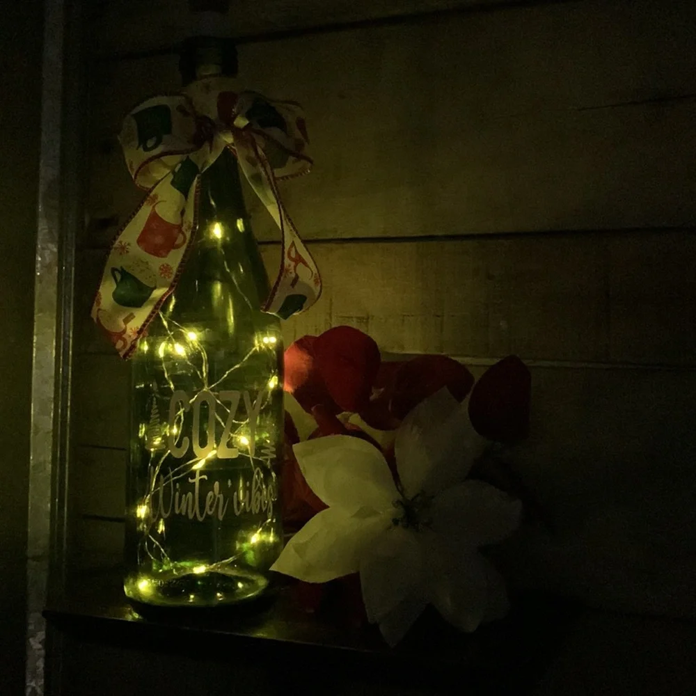 Hand Crafted- ‘Cozy Winter Vibes’ green wine bottle lantern
